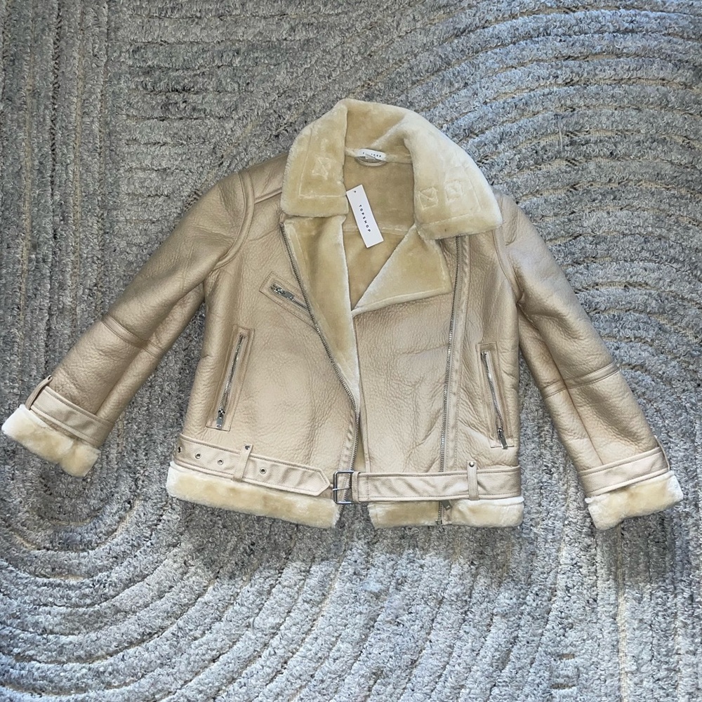 Topshop Faux Leather Biker Moto Jacket with Shearling Trim, Cream Sz 2 US NWT